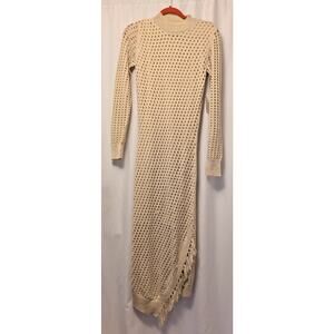 Luxely S tan eyelet boho long nwot dress lined fringe on bottom **prof repaired